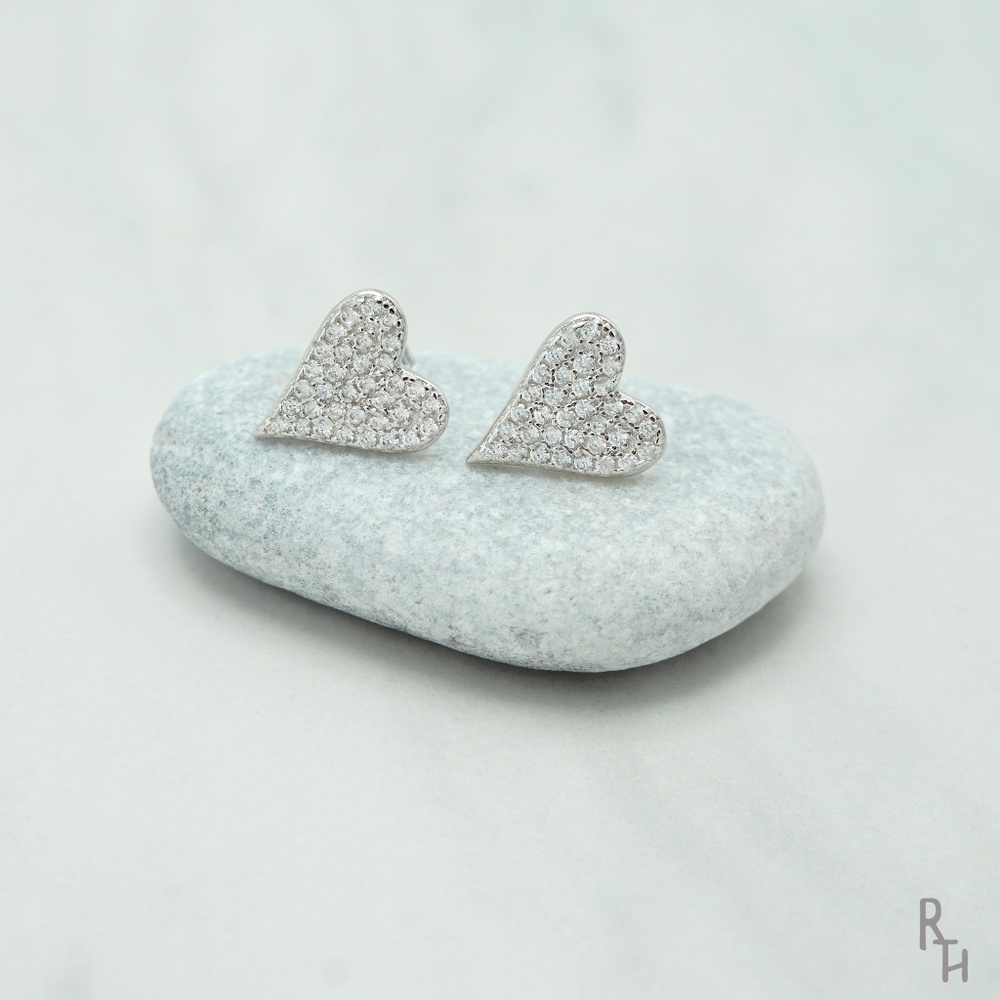 Sparkly Pavé Heart Stud Earrings | 925 Silver